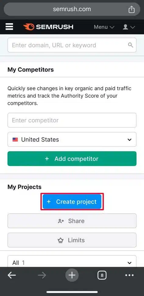 Semrush create project